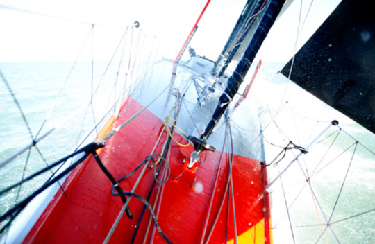 Onboard the IMOCA Open 60 Alex Thomson Racing Hugo Boss during a training session before the Vendée Globe. The Vendée Globe is a round-the-world single-handed yacht race, sailed non-stop and without assistance.
