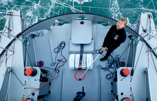 Onboard the IMOCA Open 60 Alex Thomson Racing Hugo Boss during a training session before the Vendée Globe. The Vendée Globe is a round-the-world single-handed yacht race, sailed non-stop and without assistance.